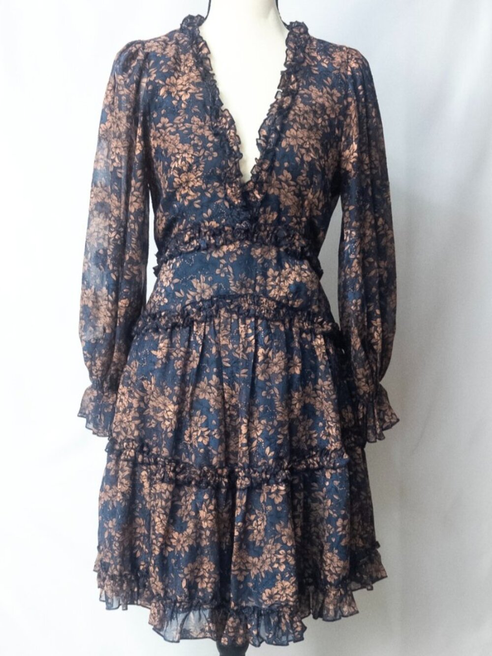 Hello Molly‎ Dress Gossip Queen Navy Blue Metallic Floral Open Back Ruffle Mini